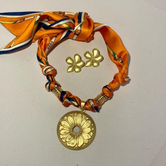 Gold and Orange Floral Handmade Necklace and Earring Set - Picture 1 of 3